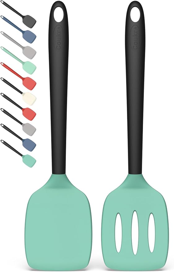 Coukre 2 Pack Silicone Spatula Set, High Heat Resistant, BPA Free Kitchen Spatula, Solid & Slotted Turner for Non-Stick Pans, Sautéing, and Flipping (2, AquaGreenBlack) by Coukre