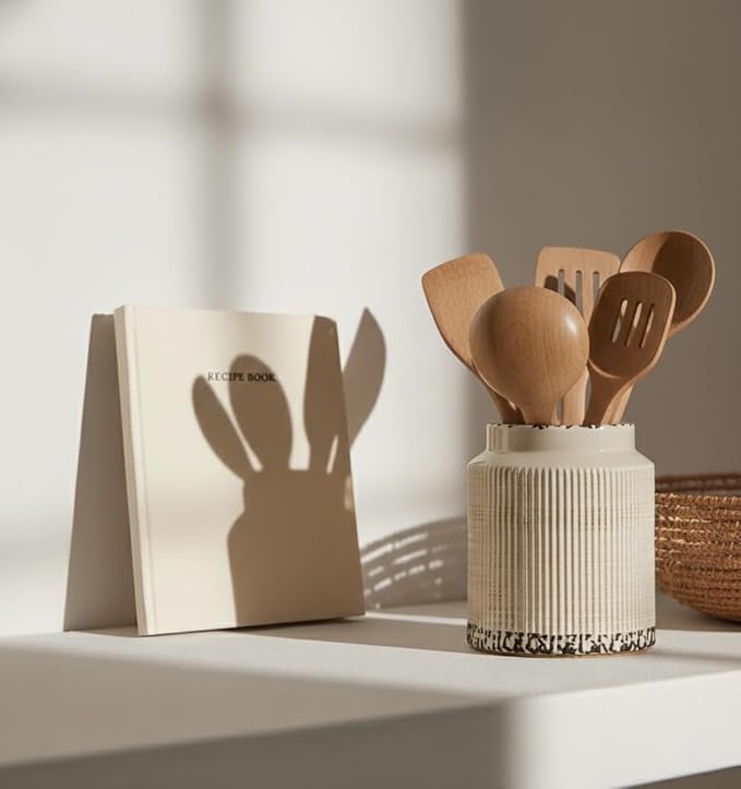 JIEMEI HOME Kitchen Utensil Holder, 6.77" Ceramic Farmhouse Stable Utensil Crock for Countertop, Vintage Style Cooking Tool Organizer with Cork Mat, Spatula Holder For Kitchen Decor, Antique Beige - Image 8