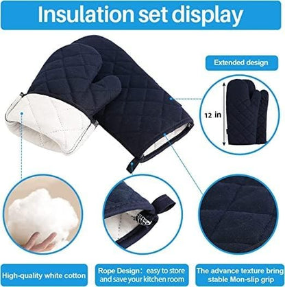 Oven Mitts and Pot Holders 4 pcs Set,High Heat Resistant 500 Degree Extra Thicken Long Kitchen Cotton Oven Glove for Cooking (12 Inch,Deep Blue) - Image 3