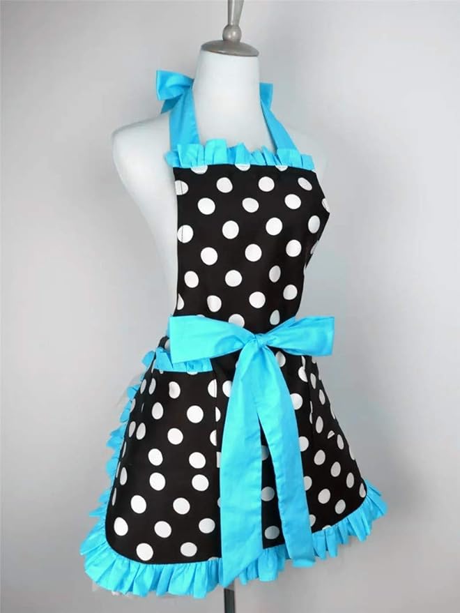 Hyzrz Cute Apron Retro Black Polka Dot Retro Ruffle Side Vintage Cooking Aprons with Pockets for Women Girls (Side Blue)