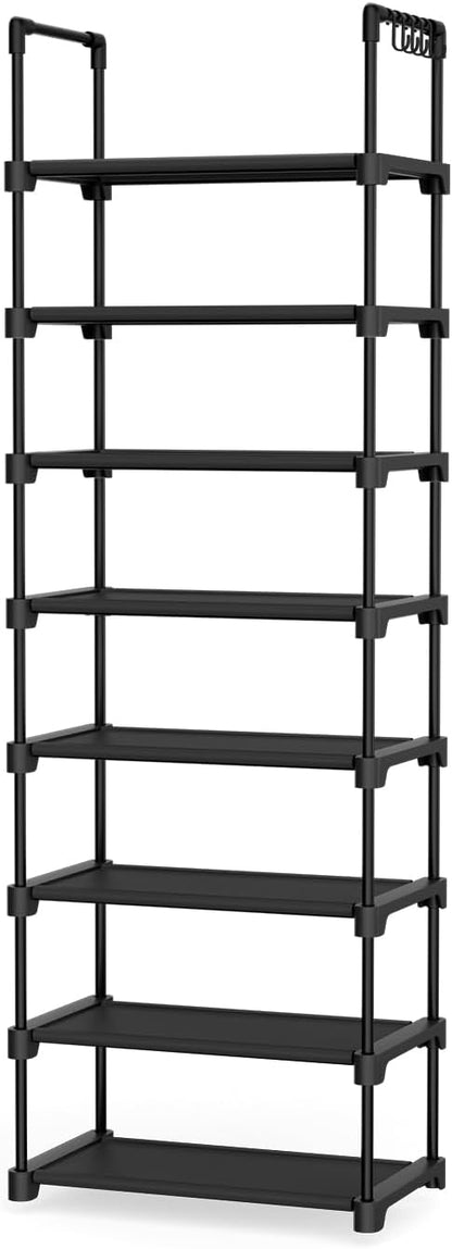 LANTEFUL Tall Shoe Rack 8 Tiers, 16-20 Pairs Shoe and Boots Organizer Storage Sturdy Shoe Shelf, Narrow Vertical Shoe Rack for Entryway, Closet, Metal Shoe Organizer with 5 Hooks