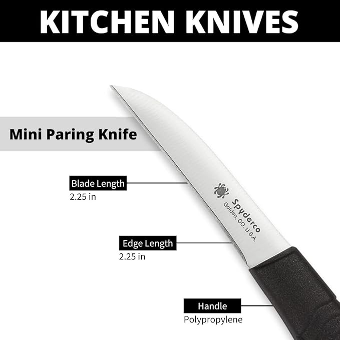 Spyderco Mini Paring Kitchen Knife with 2.25" Stainless Steel Blade with Durable Black Polypropylene Handle - PlainEdge - K09PBK