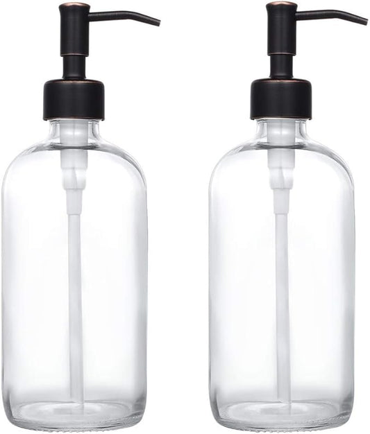 2 Pack Thick Clear Glass Pint Jar Soap Dispenser with Oil Rubbed Bronze Stainless Steel Pump, 16ounce Clear Boston Round Bottles Dispenser with Rustproof Pump for Essential Oil, Liquid Soap