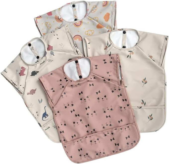 Waterproof Baby Bibs,Infant Toddler Extra Cover Feeding Bib With Food Catcher,Easy Clean & Washable