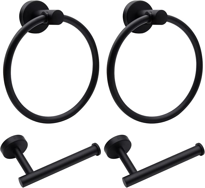 4pcs Matte Black Toilet Paper Holder and Towel Ring Set, Stainless Steel Hand Towel Holder and Towel Hanger with Hardware Pack