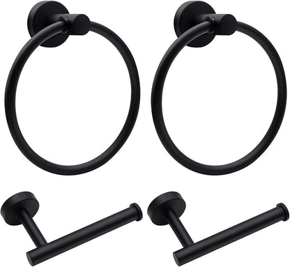 4pcs Matte Black Toilet Paper Holder and Towel Ring Set, Stainless Steel Hand Towel Holder and Towel Hanger with Hardware Pack