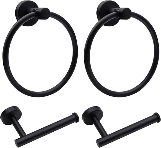 4pcs Matte Black Toilet Paper Holder and Towel Ring Set, Stainless Steel Hand Towel Holder and Towel Hanger with Hardware Pack