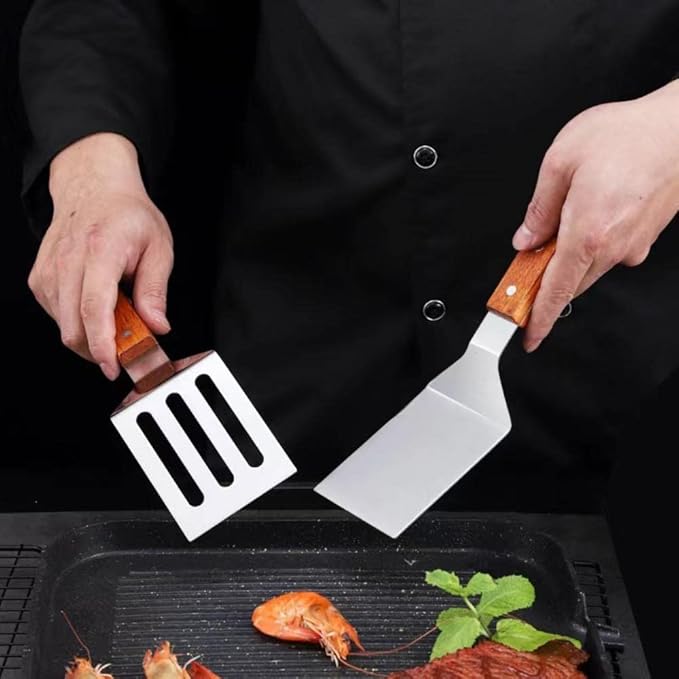 KLAQQED 2 PCS Metal Spatula for Cast Iron Skillet, Stainless Steel Grill Spatula Slotted Turner Fish with Wood Handle Flat Top Griddle for Cooking BBQ