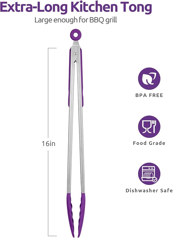 600ºF Heat Resistant Kitchen Tongs: U-Taste 16 inch Extra Long Large Silicone Cooking Tong with Sturdy Non Stick Rubber Tips & Non Slip Silicon Coated 18/8 Stainless Steel Handle for Grill BBQ(Purple) - Image 2