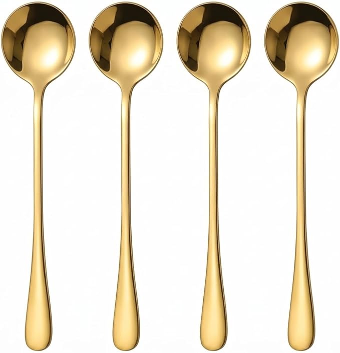 Espresso Spoons Long Handle, 4PCS Gold Stainless Steel Coffee Stirring Spoons 7.28 Inch, Round Tip Demitasse Spoon for Iced Coffee, Tea, Dessert, Cappuccino, Coffee Bar
