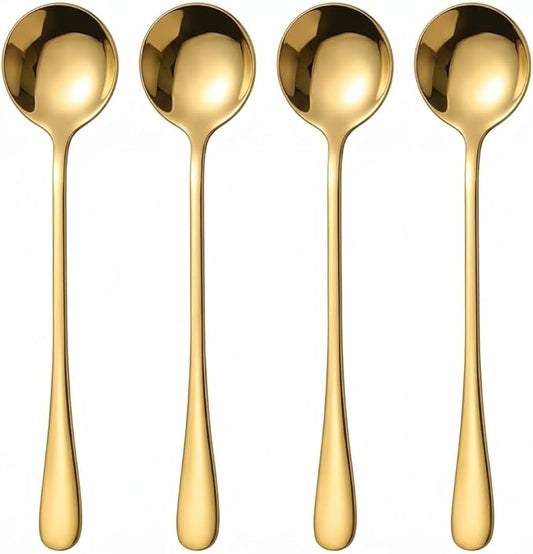 Espresso Spoons Long Handle, 4PCS Gold Stainless Steel Coffee Stirring Spoons 7.28 Inch, Round Tip Demitasse Spoon for Iced Coffee, Tea, Dessert, Cappuccino, Coffee Bar