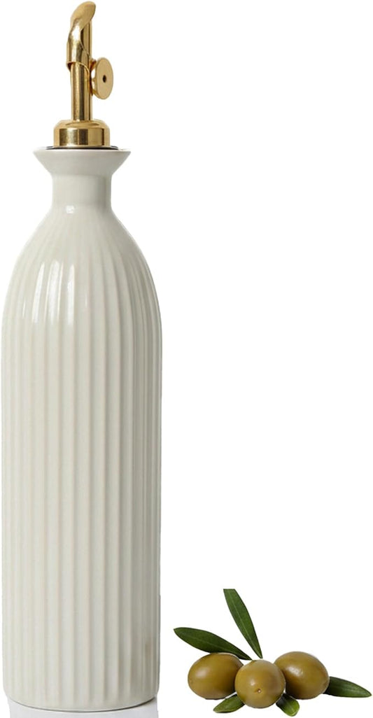 Ceramic Olive Oil Dispenser Bottle with Gold Gravity Spout - 17oz Stoneware Oil & Vinegar Cruet - Opaque UV Protection for Kitchen, Non-Drip Modern Farmhouse Decor - Reactive White