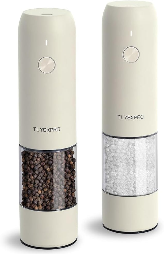 Electric Salt and Pepper Grinder Set, USB Rechargeable, Automatic Salt and Pepper Mill Grinder with Adjustable Coarseness, Electric Salt Shakers, LED Light, Refillable (2 Packs, Buttercream) by TLYSXPROOfficial