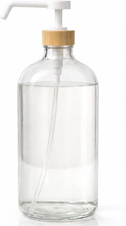 SAVVY & SORTED Glass Dish Soap Dispenser for Kitchen Sink 1 Liter, Hand Soap Dispenser for Bathroom, Refillable Clear Glass Bottles with White Bamboo Pump for Liquid Hand Wash, 34 Fl Oz