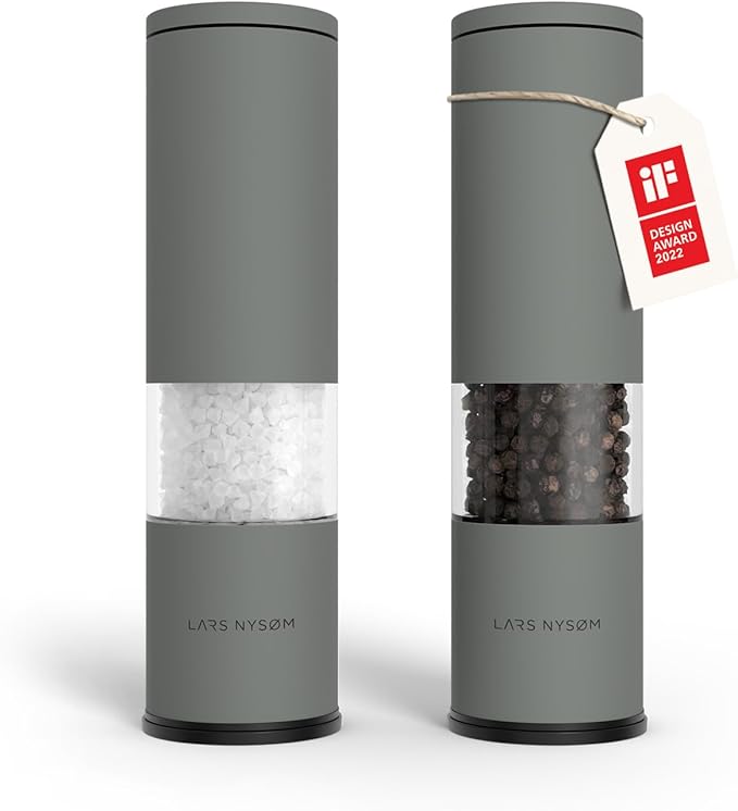 LARS NYSØM Salt and Pepper Grinder Set Manual, Stainless Steel Salt and Pepper Mills with Adjustable Ceramic Grinder I Design Spice Shakers (Ash Gray) by LN