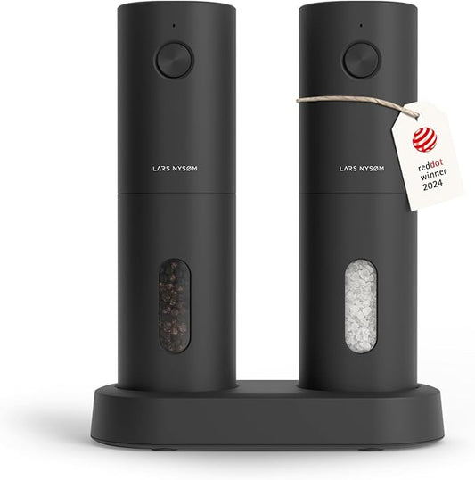 LARS NYSØM Electric Salt and Pepper Grinder Set, USB Rechargeable, Automatic Salt and Pepper Mills, Spice Shakers Refillable with LED Light, Adjustable Coarseness, Ceramic Grinder (Carbon Black) by LN