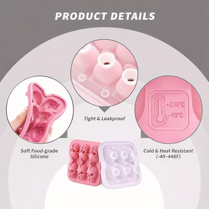 Skull Ice Cube Mold, 6-Cavity Silicone Ice Tray for Whiskey, Cocktails, and Beverages, Food-Grade Flexible Ice Maker for Halloween & Party Drinks, Easy Release & Dishwasher Safe (Pink)