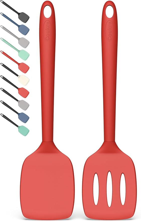 Coukre 2 Pack Silicone Spatula Set, High Heat Resistant, BPA Free Kitchen Spatula, Solid & Slotted Turner for Non-Stick Pans, Sautéing, and Flipping (2, SolidRed) by Coukre