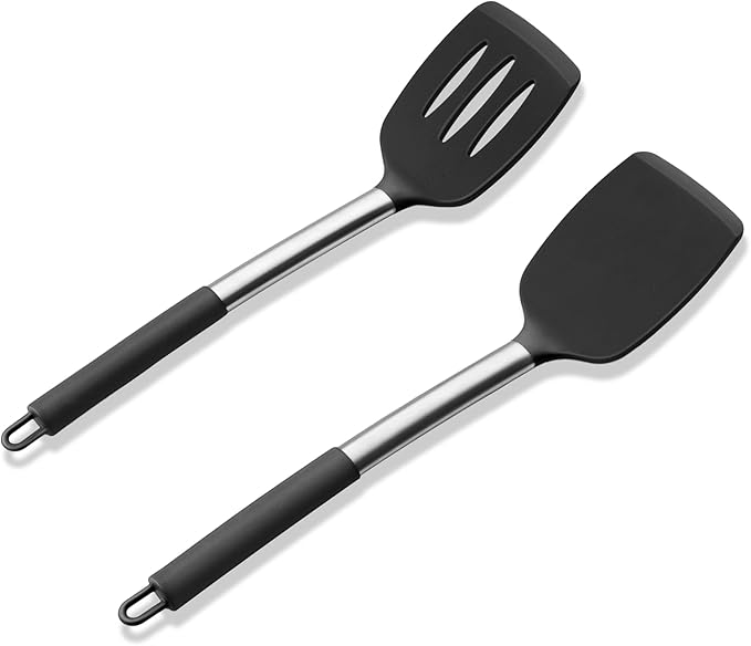 E-far Silicone Spatula Set of 2, Solid & Slotted Turner for Nonstick Cookware, Heat Resistant Rubber Kitchen Cooking Utensils for Flipping Fish Pancake Egg - Black by E-far