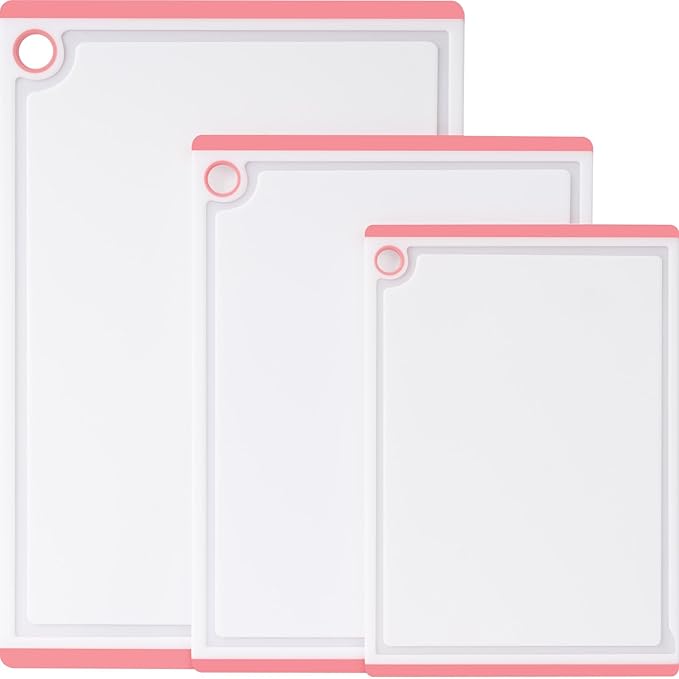 Kikcoin Plastic Cutting Boards for Kitchen, 3-Piece Large Cutting Board Set Dishwasher Safe Chopping Boards with Non-slip Feet and Juice Grooves, Pink by Kikcoin