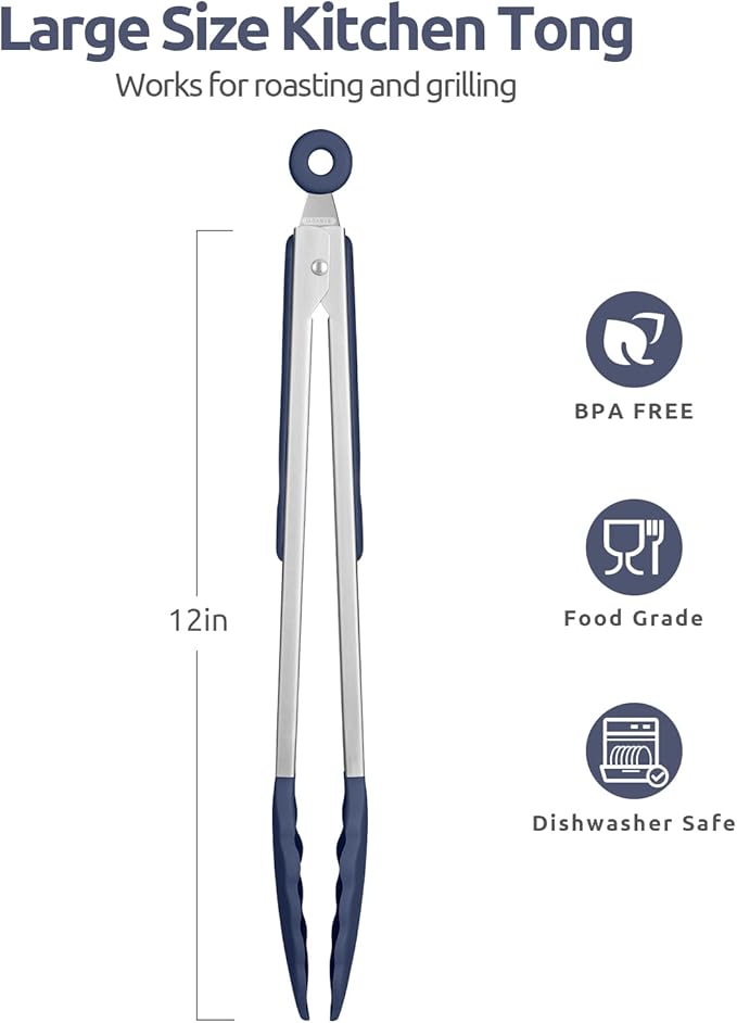 600ºF Heat Resistant Kitchen Tongs: U-Taste 12 inch Large Silicone Cooking Tong with Non Stick Rubber Tips & Silicon Coated 18/8 Stainless Steel Handle & Smooth Lock for Serving Grill (Midnight Blue) - Image 2