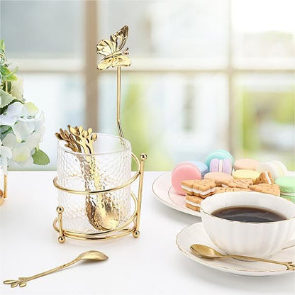 ELLDOO Coffee Spoon Set, Clear Glass Holder with 8 Stainless Steel Gold Leaf Coffee Spoons, Creative Flatware Set for Stirring, Mixing, Sugar, Ice Cream, Cake (8 x Spoons) - Image 9