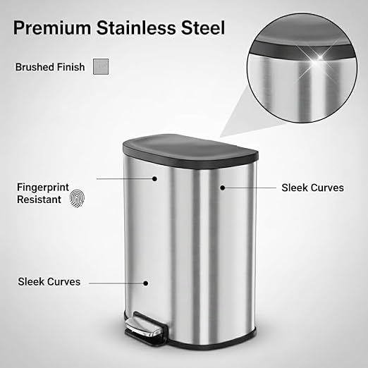 Garvee Stainless Steel Trash Can, 50 L/13 gal Hands Free Garbage Can with Soft Close Lid and Foot Pedal, Metal Kitchen Waste Bin with Inner Bucket for Living Room, Office, D Shape, Silver - Image 4