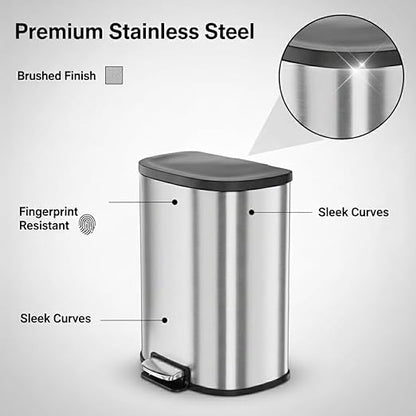 Garvee Stainless Steel Trash Can, 50 L/13 gal Hands Free Garbage Can with Soft Close Lid and Foot Pedal, Metal Kitchen Waste Bin with Inner Bucket for Living Room, Office, D Shape, Silver - Image 4