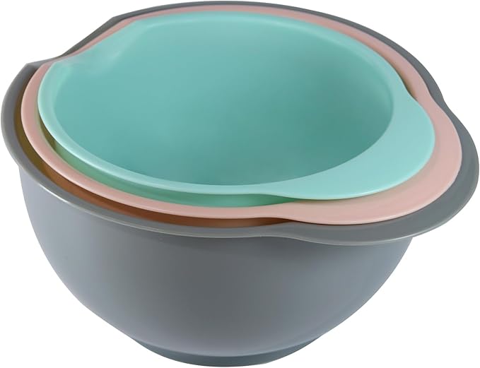Set of 3 Mixing Bowls with Pour Spout-Nesting Design Saves Space - Non-Slip, BPA Free, Dishwasher Safe Plastic - Kitchen Cooking and Baking Supplies (Green Pink Grey) - Image 8