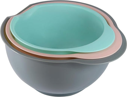 Set of 3 Mixing Bowls with Pour Spout-Nesting Design Saves Space - Non-Slip, BPA Free, Dishwasher Safe Plastic - Kitchen Cooking and Baking Supplies (Green Pink Grey) - Image 8