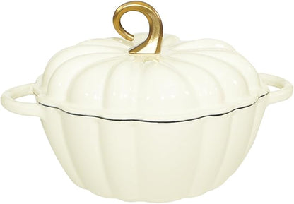 Pumpkin Cast Iron Dutch Oven with Lid, 4.5QT Heavy-Duty Enameled Pot with Dual Handles, Serves 3-5, Oven Safe for Bread Baking, Braising, Cooking and Family Gifts, White