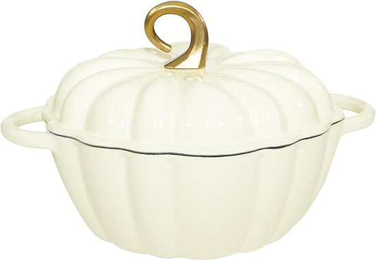 Pumpkin Cast Iron Dutch Oven with Lid, 4.5QT Heavy-Duty Enameled Pot with Dual Handles, Serves 3-5, Oven Safe for Bread Baking, Braising, Cooking and Family Gifts, White