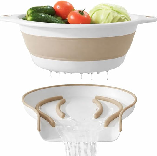 Gevoli 2-in-1 Large Collapsible Colander with Self-draining Base Set - Plastic Side Drain Food strainer for Edge of Kitchen Sink (Beige) by Gevoli