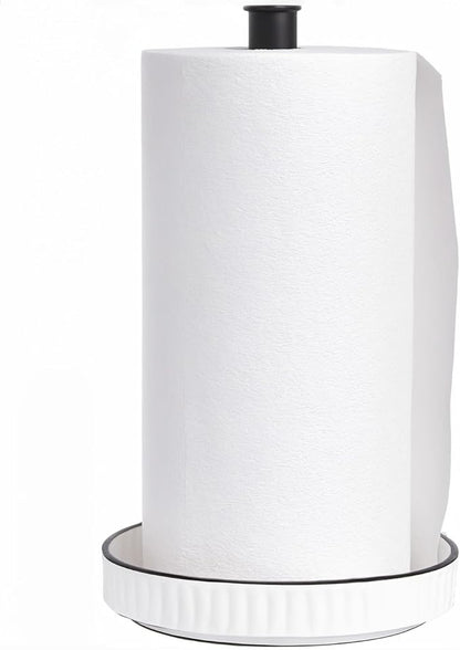 VROOMIUM Black Paper Towel Holder Countertop, Ceramic Base Easy-to-Clean, 1.5 lbs, 7" B x 12.5" H, Stable Elegant and Durable Kitchen Roll Stand