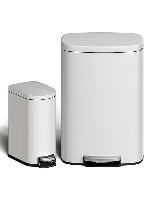 GarveeHome 13 Gal & 2.6 Gal Trash Can Combo Set, Kitchen Trash Can and Bathroom Trash Bin with Lid, Step-On Rustproof Garbage Bin with Inner Bucket, White by GarveeHome