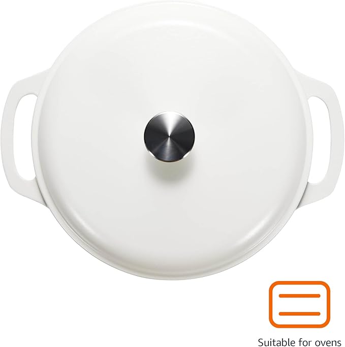 Amazon Basics Enameled Cast Iron Dutch Oven Pot with Lid, Round, Dual Handles, Heavy-Duty, Oven Safe for Stews, Roasting, Baking, 6-Quart, Matte White - Image 2