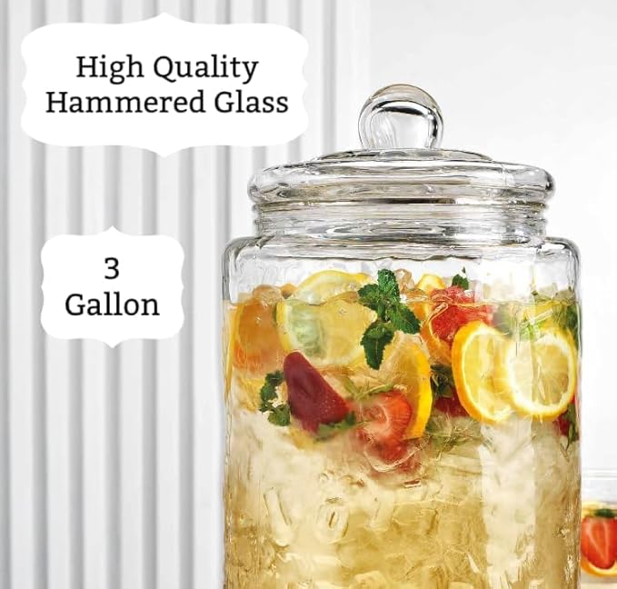 MosJos 3 Gallon Glass Drink Dispenser with Metal Stand & Lid – Hammered Beverage Dispenser with Leakproof Spigot, Wide Mouth for Easy Fill – Ideal for Parties, Lemonade, Iced Tea, Sangria & More - Image 5
