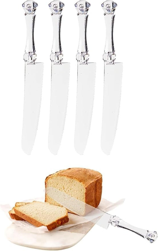 PARTY BARGAINS 4 Pack Clear Disposable Plastic Bread Knives – Heavy Duty Serrated Knives for Crusty Bread, Baguettes & Bagels – Parties, Catering & Events