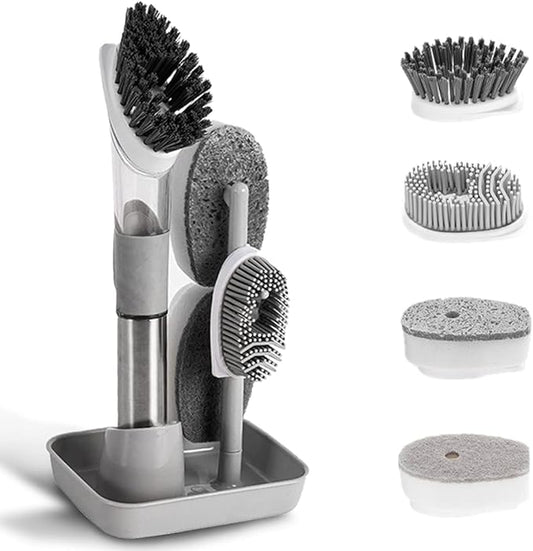 4-in-1 Dish Cleaning Brush Soap Dispensing Dish Brush Set with 4 Replacement Heads and Storage Holder, Kitchen Scrub Brush for Dish Pot Pan Sink Cleaning (Grey)