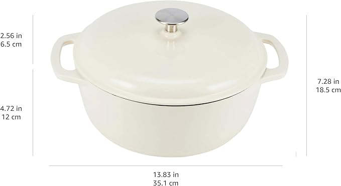 Amazon Basics Enameled Cast Iron Dutch Oven Pot with Lid, Oven Safe, Heavy-Duty, Dual Handles for Baking, Roasting, Stews, Round, 6-Quart, White - Image 4