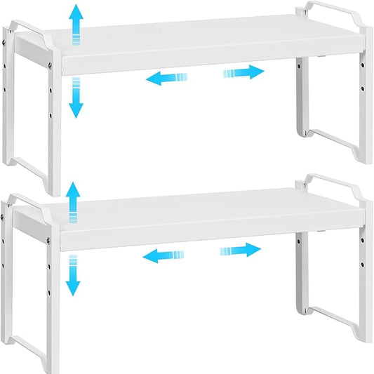 2 Pack Stackable Expandable Shelves For Kitchen Cabinet Countertop Storage, Adjustable Counter Cupboard Pantry Organizer Shelf Rack Stand, Length:25.5 Inch by X-cosrack