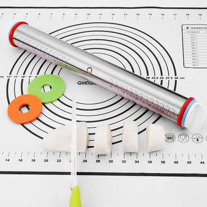 Rolling Pin and Pastry Baking Mat Set, Rolling Pins with Adjustable Thickness Rings, Stainless Steel Dough Roller for Baking Fondant, Pizza, Pie, Pastry, Pasta, Cookies (Black Mat) - Image 4