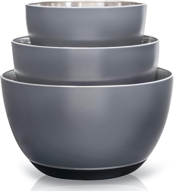 WHYSKO® Stainless Steel Mixing Bowls (Set of 3) with Non-Slip Silicone Base for Kitchen, Dishwasher Safe Bowls for Meal Prep, Cooking, Baking, Serving, Food Storage (Grey) by WHYSKO