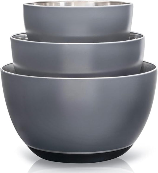 WHYSKO® Stainless Steel Mixing Bowls (Set of 3) with Non-Slip Silicone Base for Kitchen, Dishwasher Safe Bowls for Meal Prep, Cooking, Baking, Serving, Food Storage (Grey) by WHYSKO