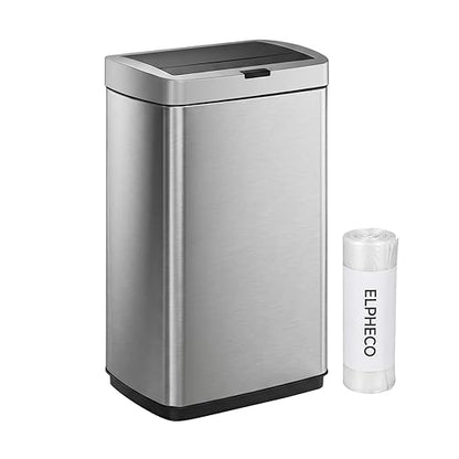 ELPHECO 13.2 Gallon Trash Can with Lid Motion Sensor, 50 Litre Brushed Stainless Steel Kitchen Trash Can Automatic with 10 Bags, Upgraded Silent-Closing, Fingerprint-Resistant, Kitchen, Office, Silver by ELPHECOUSA