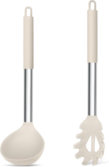 TeamFar Silicone Soup Ladle and Pasta Fork Set, 2 Pcs Large Nonstick Kitchen Cooking Utensils with Stainless Steel Handle for Draining, Serving Soup, Sauce, Spaghetti, Non-Toxic & Heat-Proof, Khaki by TeamFar