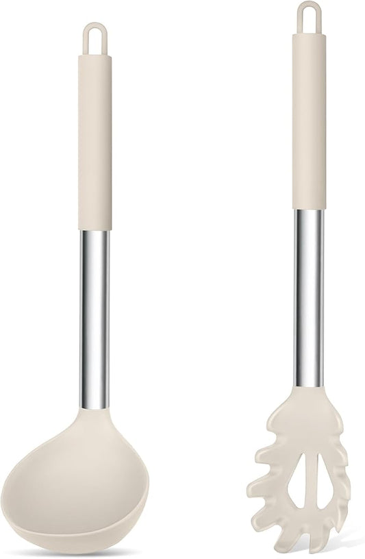 TeamFar Silicone Soup Ladle and Pasta Fork Set, 2 Pcs Large Nonstick Kitchen Cooking Utensils with Stainless Steel Handle for Draining, Serving Soup, Sauce, Spaghetti, Non-Toxic & Heat-Proof, Khaki by TeamFar