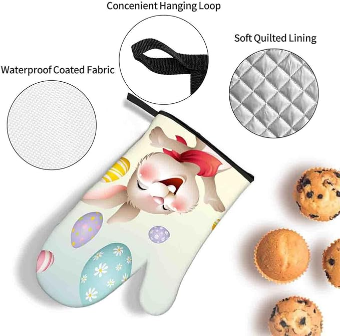 LOKMU Oven Mitts and Pot Holders Set of 3, Smiley Bunny with Easter Eggs Heat Resistant Kitchen Gloves Hot Pads for Cooking Baking BBQ, Kitchen Decor Gifts for Cooking Lover Cooks