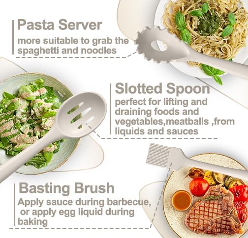 Silicone Kitchen cooking Utensils Set, AIKKIL 43 Pcs Heat Resistant Khaki Cooking Utensils Set, Turner, Tongs, Spoon, Spatula, Kitchen Gadgets Tools Set For Nonstick Cookware(Dishwasher, BPA Free) - Image 7