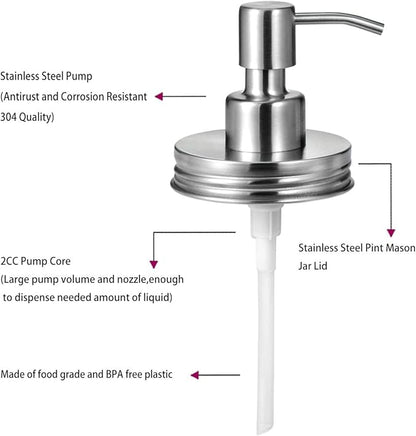 Amolliar Mason Jar Liquid Soap Dispenser Lid, Rustproof Stainless Steel, Cute Farmhouse Decor for Kitchen, Bathroom, Refill Liquid Soap Pump for Hand Soap, Dish Soap, Lotion Soap, Brushed Nickel 2Pack